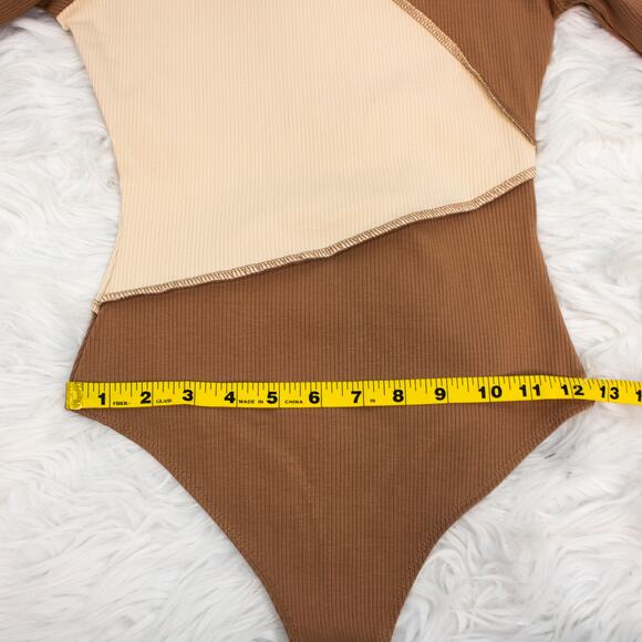 Naked Wardrobe Brown Color Block Ribbed Knit Long Sleeve Bodysuit Size Medium - Picture 9 of 12
